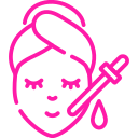 Icono de cuidado facial con una mujer aplicando suero en su piel, representando la belleza y el bienestar.