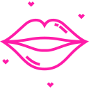 Icono de labios en color rosa con corazones alrededor, simbolizando amor y belleza. Ideal para temas de cosméticos y cuidado personal.