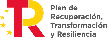 Logotipo del Plan de Recuperación, Transformación y Resiliencia de España, que incluye las letras "R" y "T" en colores rojo y amarillo, junto con estrellas de la Unión Europea.